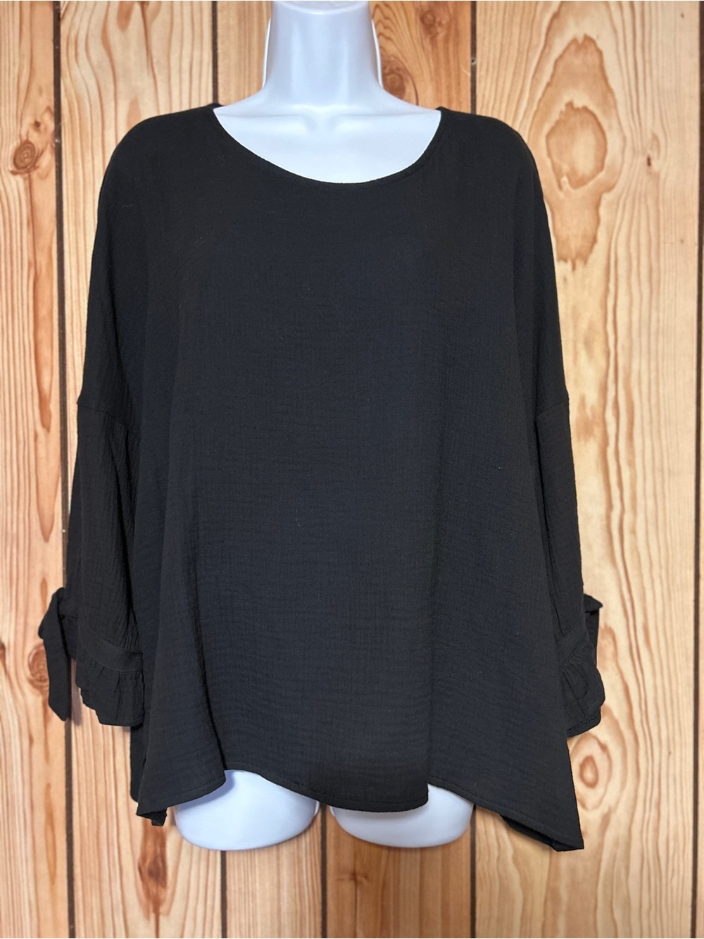 COCO + CARMEN New Women’s Black Gauze Crinkled Blouse Tunic L/XL Cotton 3/4 Slv